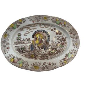 Serving Platter Turkey Oval Japan 16" Transfer Ware Thanksgiving Vtg Small Chip